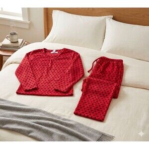 Love to Sleep Womens M Fleece Pajama Set Red Polka Dot Long Sleeve Top Pants PJs